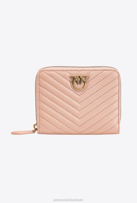portemonnees | L4881138 kleine portemonnee met ritssluiting van nappa met chevronpatroon Pinko stoffig roze-antiek goud