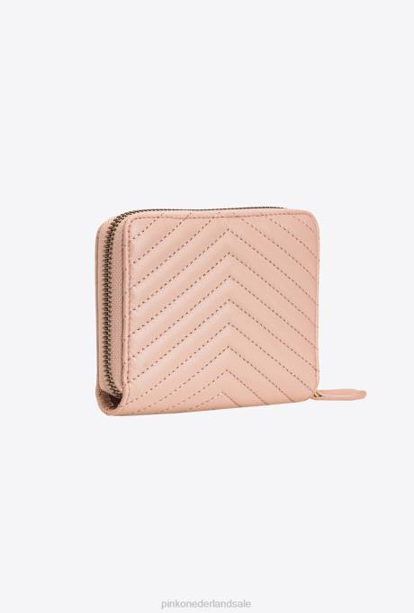 portemonnees | L4881138 kleine portemonnee met ritssluiting van nappa met chevronpatroon Pinko stoffig roze-antiek goud