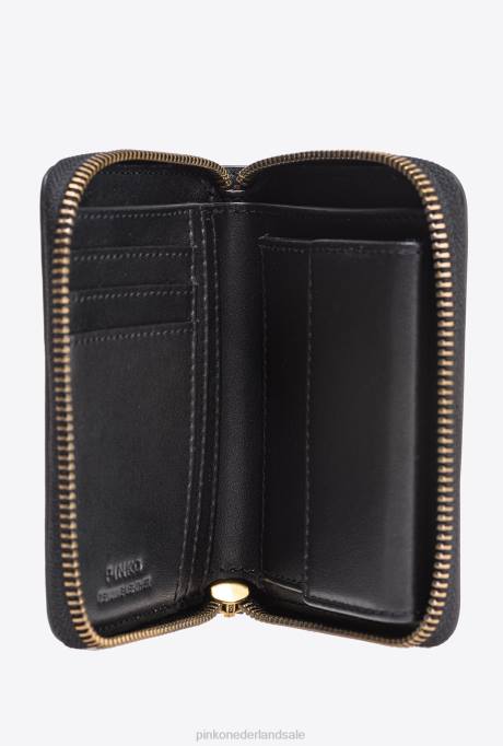 portemonnees | L4881145 vierkante leren portemonnee met ritssluiting Pinko zwart-antiek goud