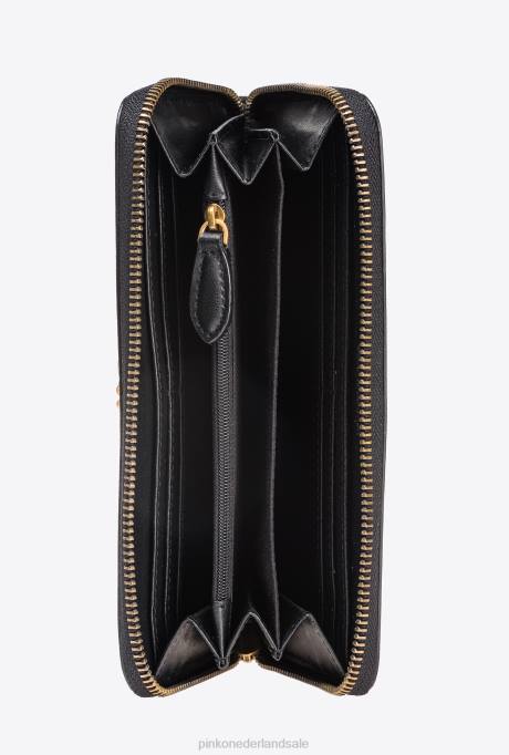 portemonnees | L4881149 leren portemonnee met ritssluiting Pinko zwart-antiek goud