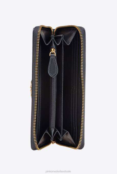 portemonnees | L4881151 leren portemonnee met ritssluiting Pinko zwart-antiek goud