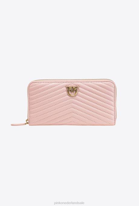 portemonnees | L4881154 portemonnee met ritssluiting van nappaleer met chevronpatroon Pinko stoffig roze-antiek goud