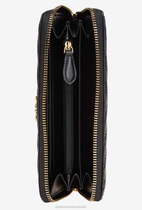 portemonnees | L4881155 portemonnee met ritssluiting van nappaleer met chevronpatroon Pinko zwart-antiek goud