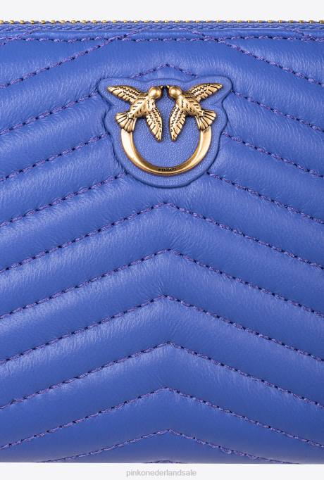 portemonnees | L4881156 portemonnee met ritssluiting van nappaleer met chevronpatroon Pinko corsica blauw-antiek goud