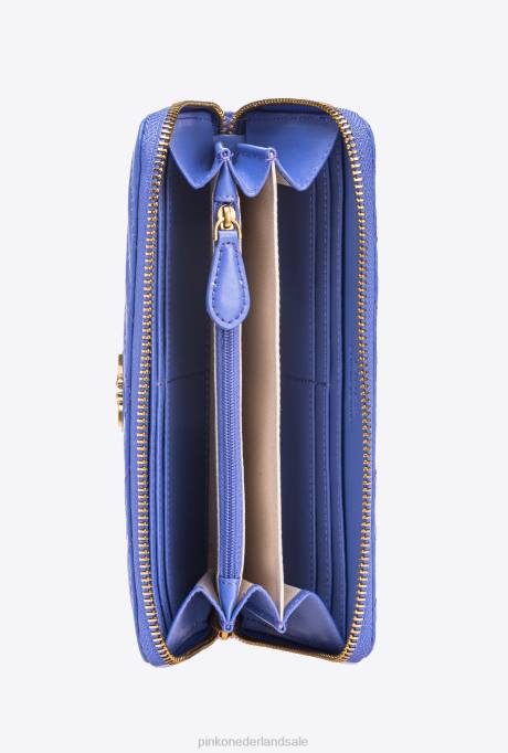 portemonnees | L4881156 portemonnee met ritssluiting van nappaleer met chevronpatroon Pinko corsica blauw-antiek goud