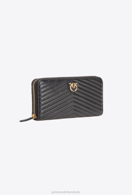 portemonnees | L4881157 portemonnee met ritssluiting van nappaleer met chevronpatroon Pinko zwart-antiek goud