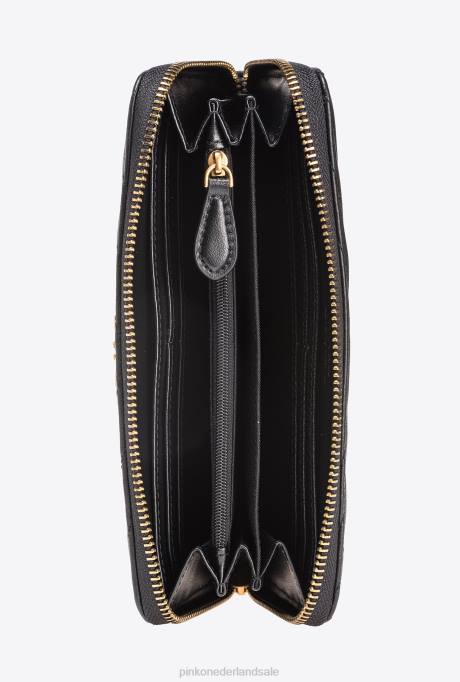 portemonnees | L4881157 portemonnee met ritssluiting van nappaleer met chevronpatroon Pinko zwart-antiek goud