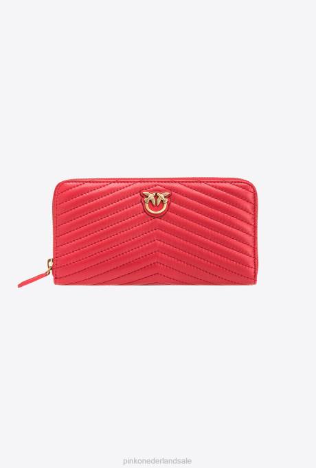 portemonnees | L4881158 portemonnee met ritssluiting van nappaleer met chevronpatroon Pinko granaat rood-antiek goud