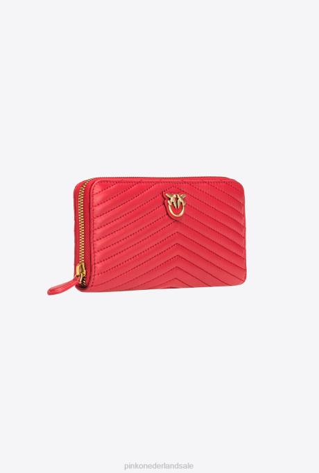 portemonnees | L4881158 portemonnee met ritssluiting van nappaleer met chevronpatroon Pinko granaat rood-antiek goud