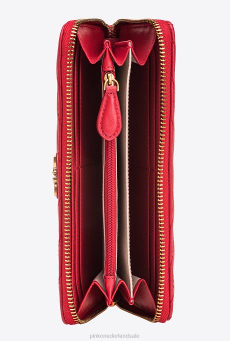 portemonnees | L4881158 portemonnee met ritssluiting van nappaleer met chevronpatroon Pinko granaat rood-antiek goud