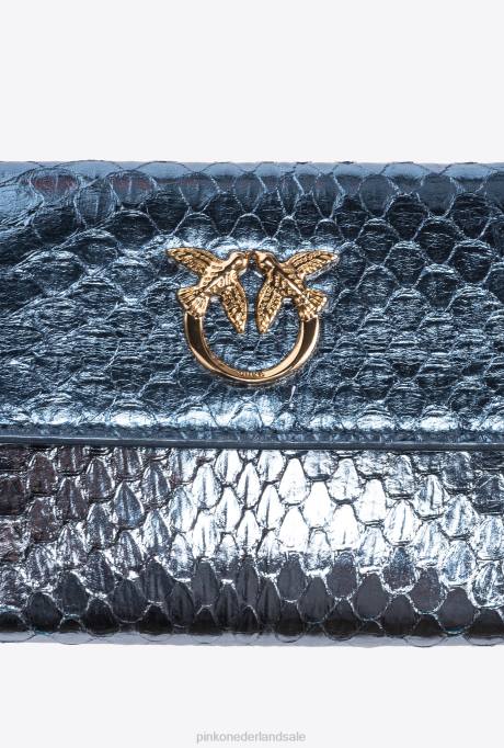 portemonnees | L4881167 galleria compacte portemonnee in gelamineerde reptielenhuid Pinko lichtblauw-glanzend goud