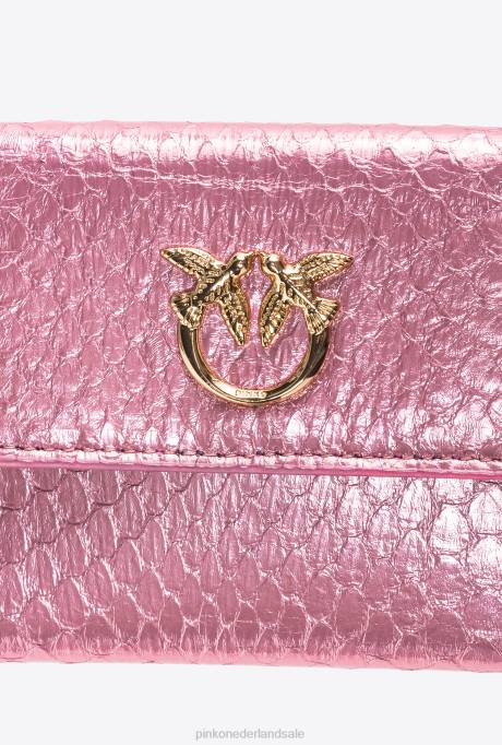 portemonnees | L4881168 galleria compacte portemonnee in gelamineerde reptielenhuid Pinko poederroze-glanzend goud