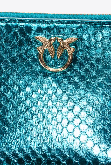 portemonnees | L4881174 galleria portemonnee met ritssluiting van gelamineerde reptielenhuid Pinko petrol-glanzend goud