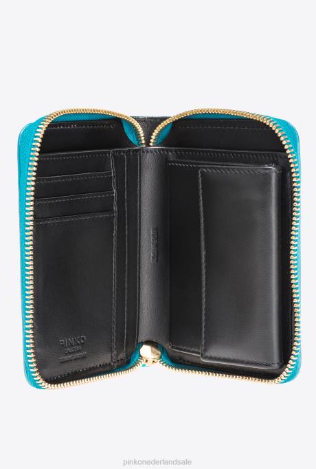 portemonnees | L4881174 galleria portemonnee met ritssluiting van gelamineerde reptielenhuid Pinko petrol-glanzend goud