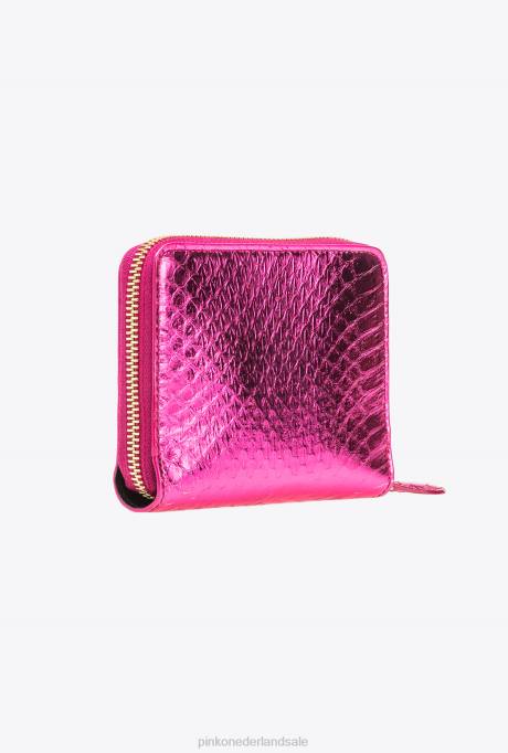 portemonnees | L4881175 galleria portemonnee met ritssluiting van gelamineerde reptielenhuid Pinko fuchsia-glanzend goud