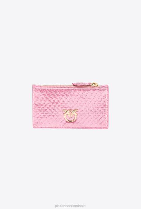 portemonnees | L4881178 galleria kaarthouder met ritssluiting in gelamineerde reptielenhuid Pinko poederroze-glanzend goud