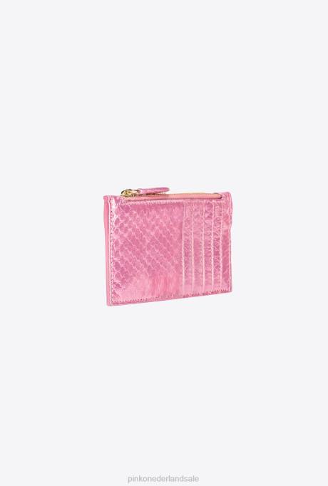 portemonnees | L4881178 galleria kaarthouder met ritssluiting in gelamineerde reptielenhuid Pinko poederroze-glanzend goud
