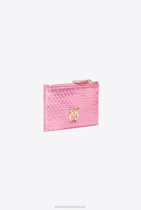 portemonnees | L4881178 galleria kaarthouder met ritssluiting in gelamineerde reptielenhuid Pinko poederroze-glanzend goud