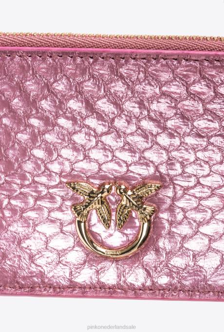 portemonnees | L4881178 galleria kaarthouder met ritssluiting in gelamineerde reptielenhuid Pinko poederroze-glanzend goud