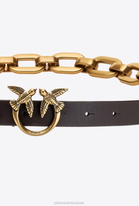 riemen | L4881056 love birds riem met grote ketting Pinko donkerbruin-antiek goud