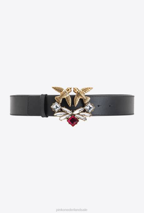 riemen | L488970 love birds hoge leren riem met juweel Pinko zwart-antiek goud