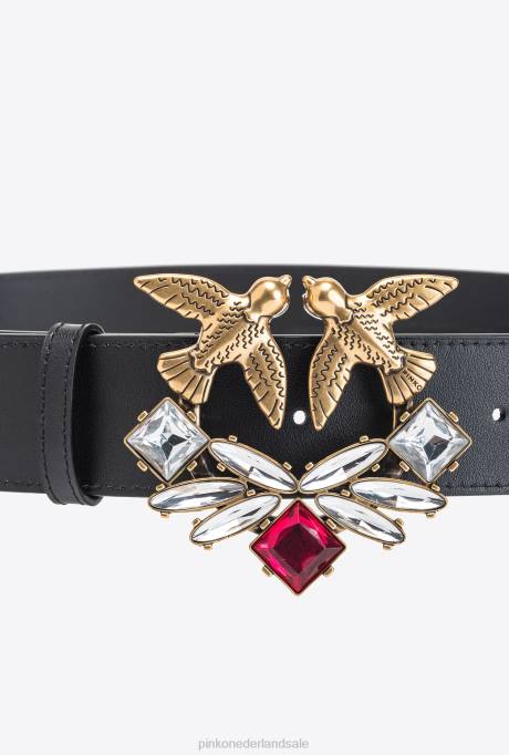 riemen | L488970 love birds hoge leren riem met juweel Pinko zwart-antiek goud