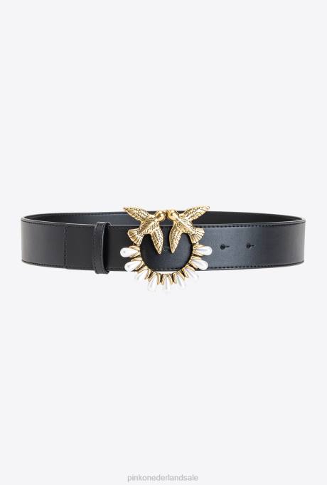 riemen | L488971 love birds riem met parels Pinko zwart-antiek goud