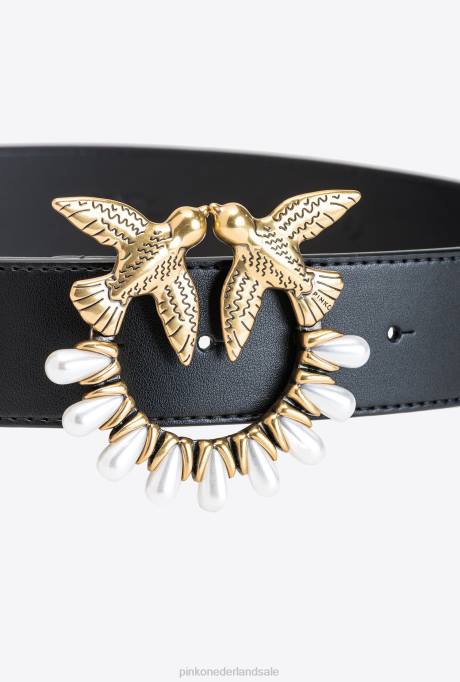 riemen | L488971 love birds riem met parels Pinko zwart-antiek goud