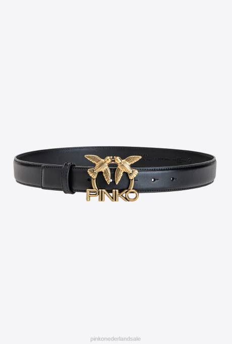 riemen | L488973 leren riem met liefdesvogels-logo Pinko zwart-antiek goud
