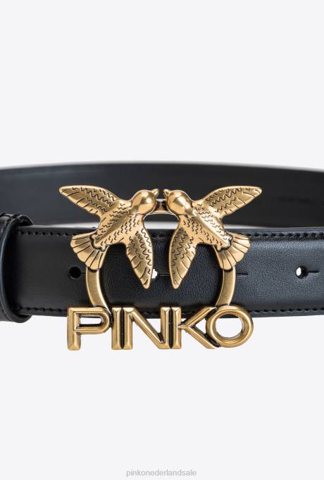 riemen | L488973 leren riem met liefdesvogels-logo Pinko zwart-antiek goud