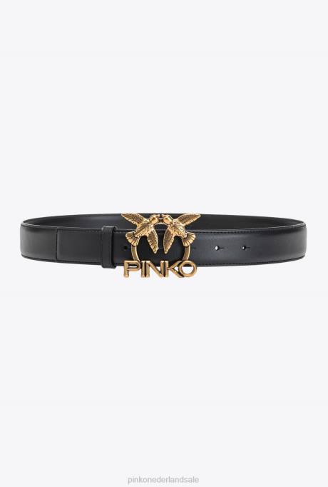 riemen | L488974 leren riem met liefdesvogels-logo Pinko zwart-antiek goud