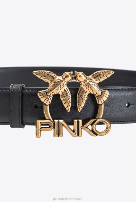riemen | L488974 leren riem met liefdesvogels-logo Pinko zwart-antiek goud