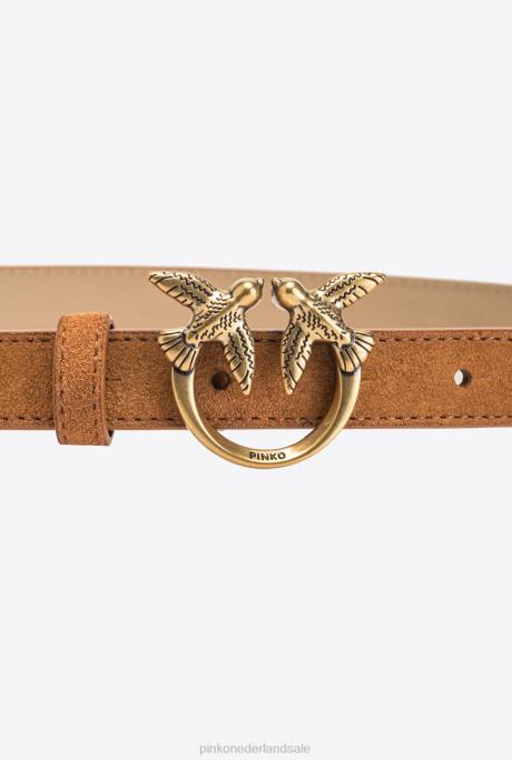 riemen | L488978 love birds dunne suède riem Pinko cognac-antiek goud