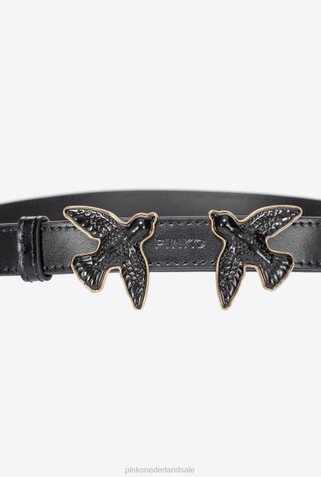 riemen | L488997 dunne riem van geborsteld leer met liefdesvogels Pinko limo zwarte blokkleur