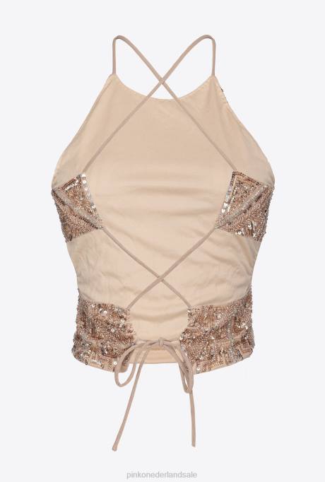 bovenaan | L488319 crop top met geborduurd kristalmix Pinko multi. nude/zilver/goud