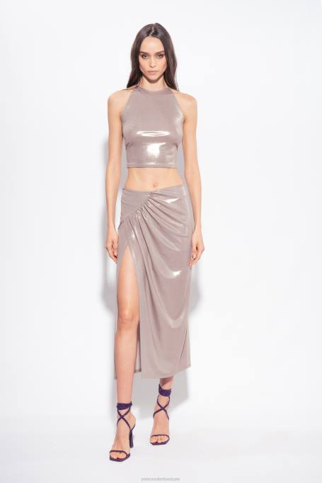 bovenaan | L488320 crop top van gelamineerde jersey met nat effect Pinko paddestoel beige