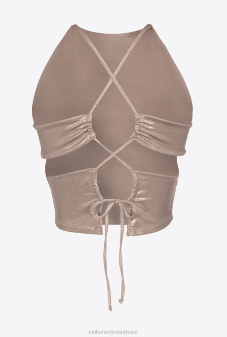 bovenaan | L488320 crop top van gelamineerde jersey met nat effect Pinko paddestoel beige