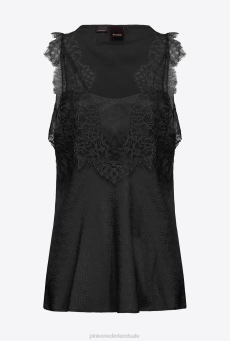 bovenaan | L488328 jacquard top met logo en kant Pinko limousine zwart