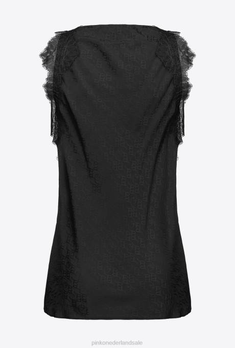 bovenaan | L488328 jacquard top met logo en kant Pinko limousine zwart