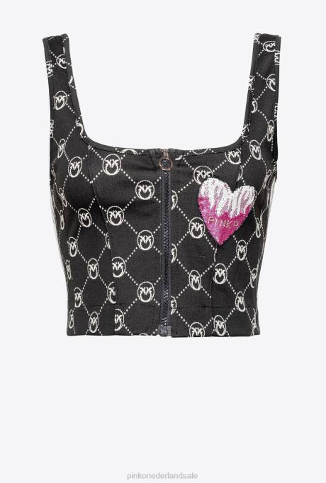 bovenaan | L488421 gebreide jacquard crop top met monogram Pinko zwart/ecru