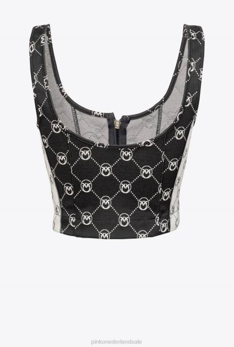 bovenaan | L488421 gebreide jacquard crop top met monogram Pinko zwart/ecru