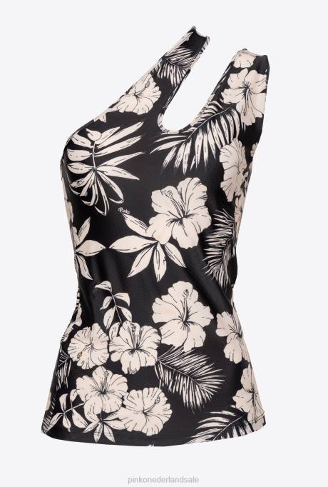 bovenaan | L488436 grafische gebloemde one-shoulder top Pinko zwart/boter