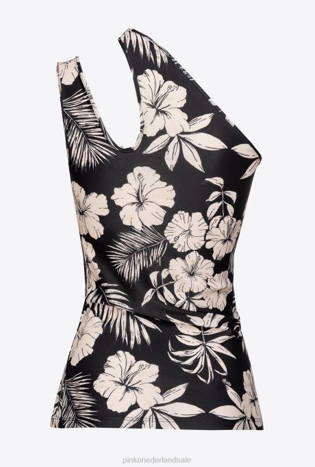 bovenaan | L488436 grafische gebloemde one-shoulder top Pinko zwart/boter
