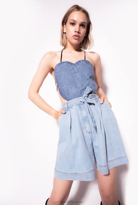 bovenaan | L488452 geborduurde denim top met hartvormige hals Pinko lichte wassing