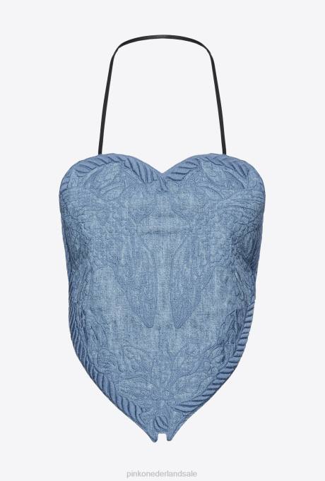 bovenaan | L488452 geborduurde denim top met hartvormige hals Pinko lichte wassing