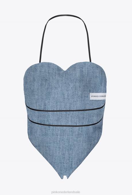 bovenaan | L488452 geborduurde denim top met hartvormige hals Pinko lichte wassing