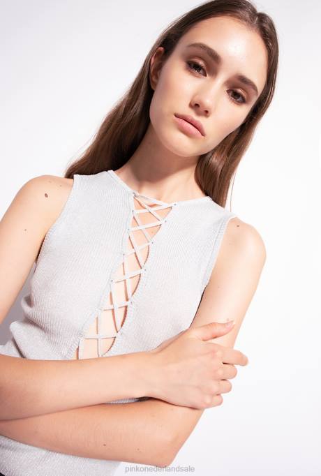 bovenaan | L488456 Ribgebreide top van lurex met gekruiste details Pinko Metallisch zilver