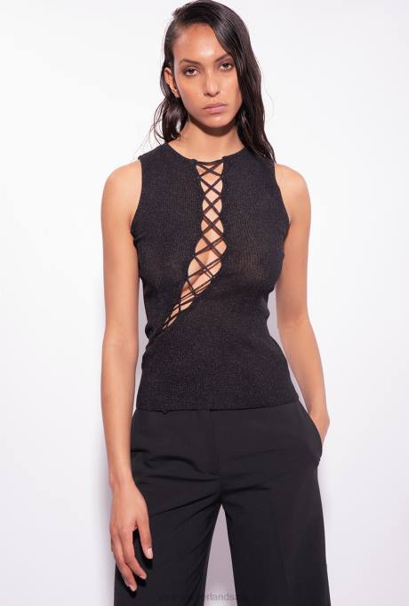 bovenaan | L488457 Ribgebreide top van lurex met gekruiste details Pinko limousine zwart