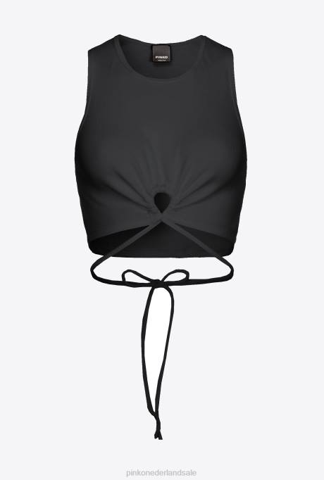 bovenaan | L488466 geribbelde crop top met vetersluiting Pinko limousine zwart