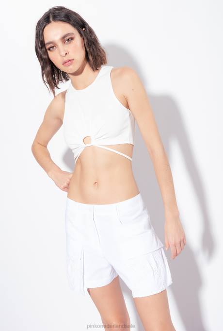 bovenaan | L488467 geribbelde crop top met vetersluiting Pinko puur wit